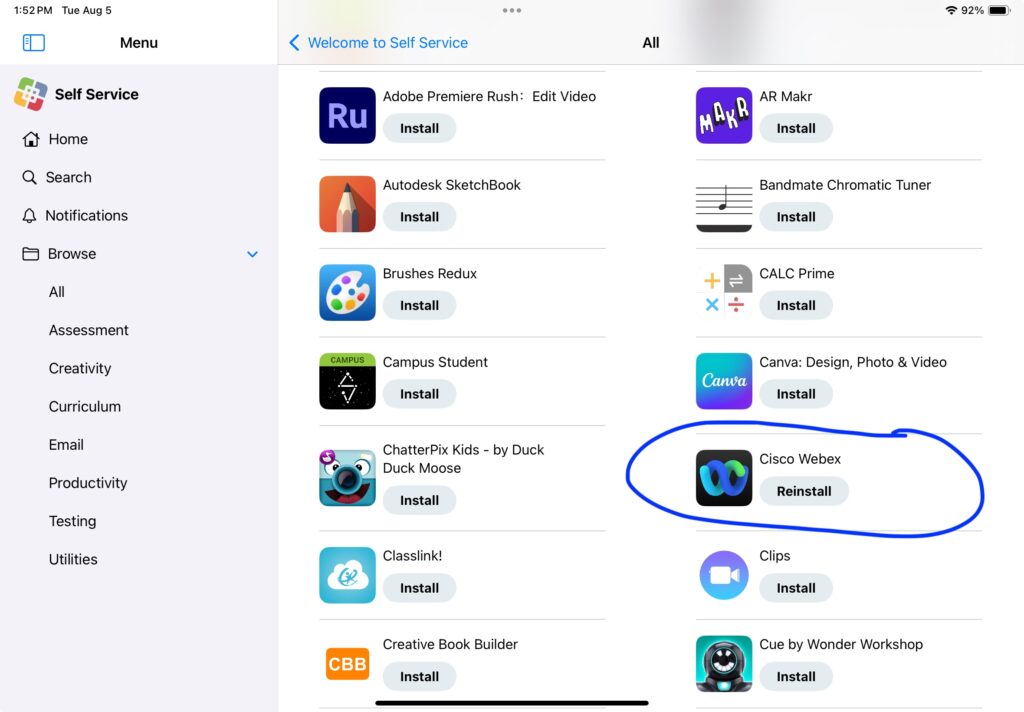 Screenshot of a self-service app menu displaying various applications available for installation, including Cisco Webex.